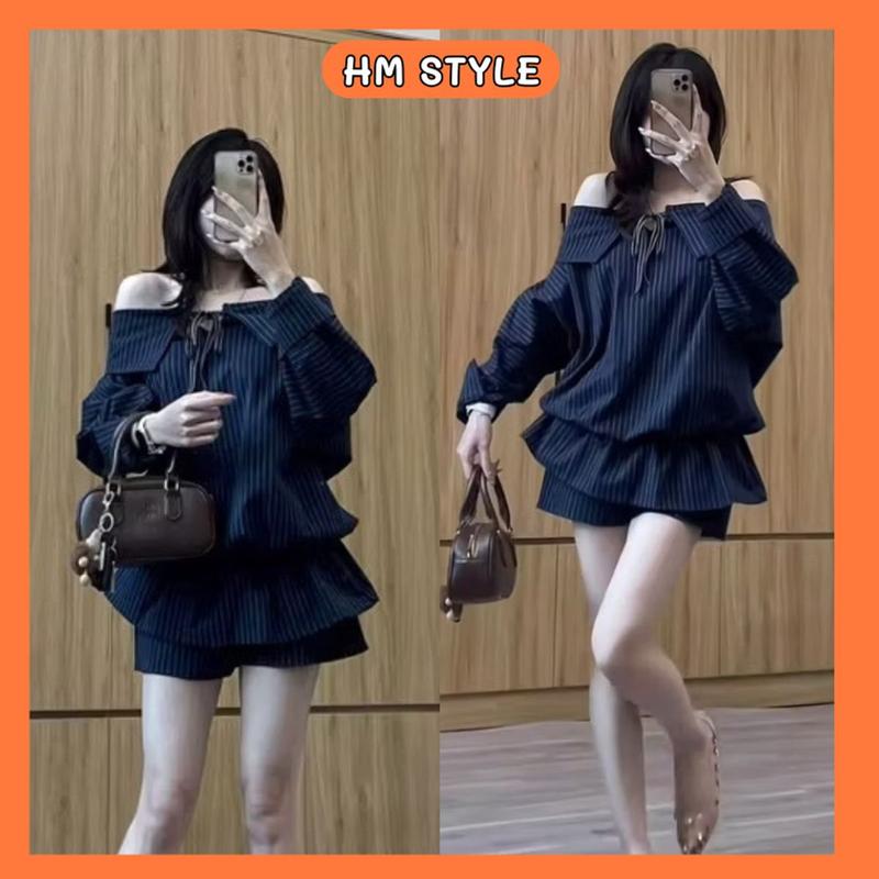 Set váy Jump trễ vai tay bồng dáng bí bo chun eo Set jumpsuit xanh than dây buộc nơ kèm quần đùi rời HB855