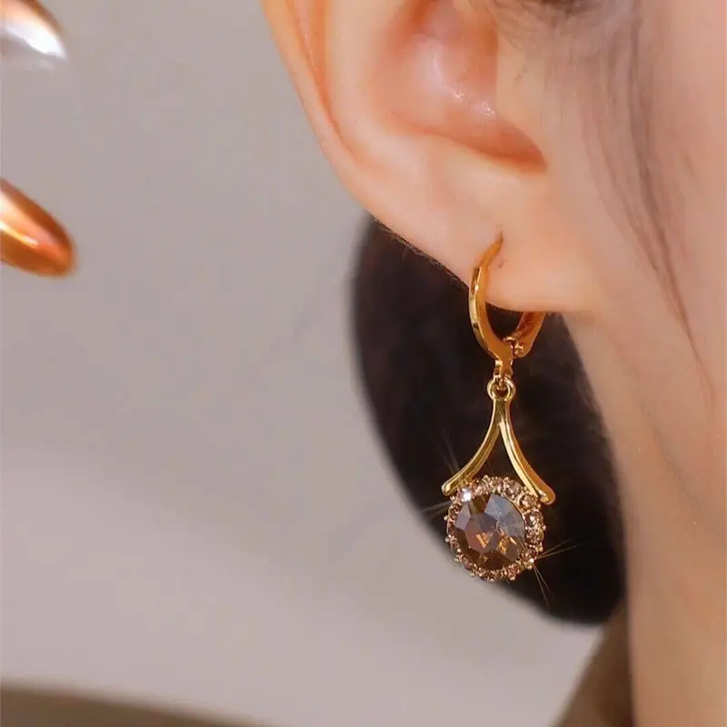 Khuyên Tai Tròn Màu Nâu, Đính Đá Tròn, Dành Cho Phụ Nữ Và Trẻ Em Gái, Khuyên Tai Thả Cổ Điển Thích Hợp Cho Tiệc Cưới, Phụ Kiện Tai Tốt Lành # Bông Tai Thời Trang # Bông Tai 2