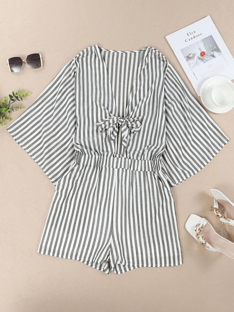 Product Introduction of Women's Striped Print Knot Front Romper, Casual Batwing Sleeve Pocket Jumpsuit, Ladies Clothes for Summer Daily Wear 9