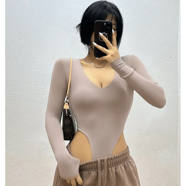 Áo Jumpsuit Quần Dài Tay, Màu Đen, Dành Cho Nữ, Phong Cách Âu Mỹ Dáng Ôm, Trang Phục Hở Eo, Cổ Chữ V, Đáy Quần Top 1