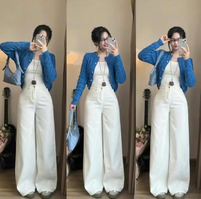  Quần Jeans Trơn  Quần Bò Suông Ống Rộng Cạp Cao Tôn Dáng Màu Trắng - Ong Women 