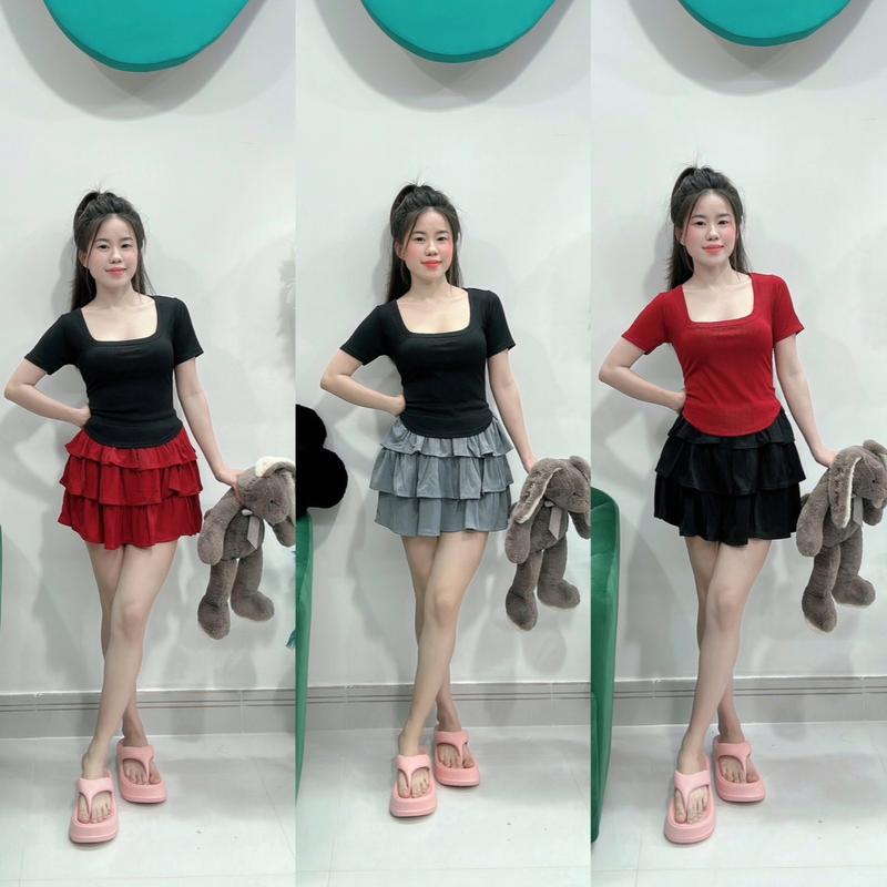  Combo Chân váy 3 tầng phối áo cổ vuông vạt bầu tay ngắn trẻ trung xinh xắn   chân váy có quần   Nữ Women Voi Nhung 