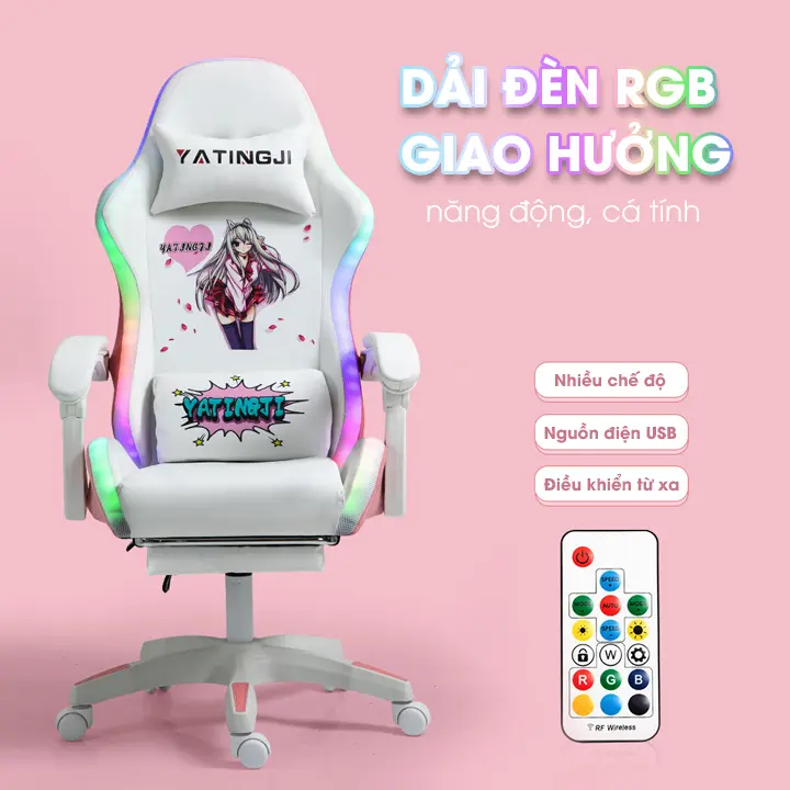 Ghế gaming nữ có loa bluetooth kết hợp dải đèn led, ghế livestream cao cấp có ngả lưng, gác chân 0
