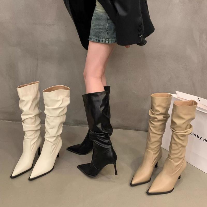 Product Introduction of 2025 Pointed Toe White High-Heeled Western Boots Female Boots New Spring Summer Slimming Pile Style Knight Spring And Autumn Boots 2