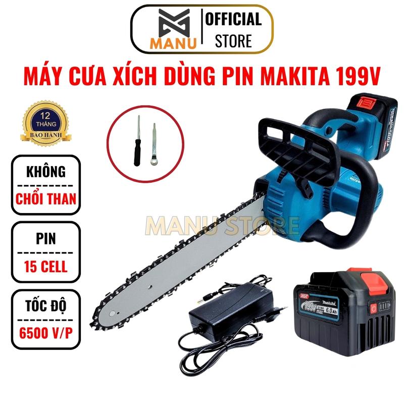 Máy cưa xích pin cưa gỗ cầm tay KHÔNG CHỔI THAN MAKITA 199V pin khủng 15 cell động cơ mạnh mẽ bảo hành 12 tháng
