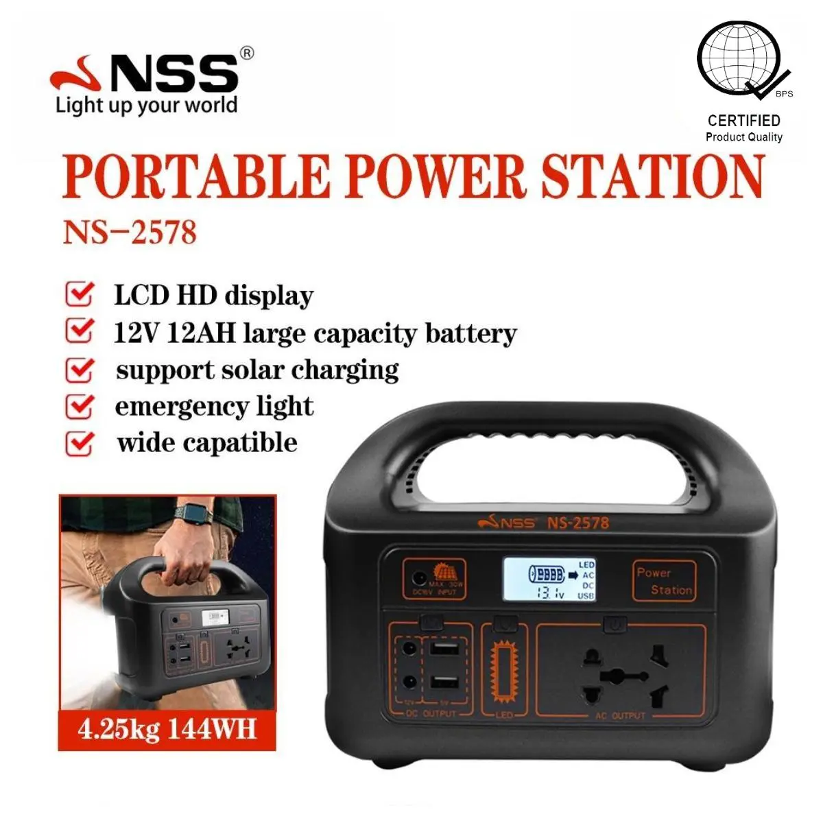 NSS Portable Power Station Generator with Solar Panel - 220V 144Wh Solar Generator | Rechargeable Multi-Function Charging Station with USB Ports, 3 Light Modes, and Aluminum Charger | Ideal for Camping and Emergency Power | Model NS-2578