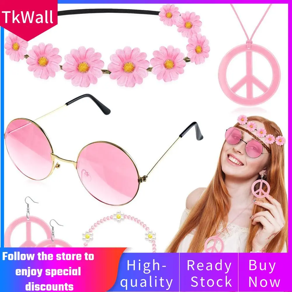 Bộ Trang Phục Hippie, Phong Cách Cổ Điển Thập Niên 60 Và 70, Dành Cho Nữ, Với Kính Tròn Dấu Hòa Bình Boho, Băng Đô Vương Miện Hoa Hướng Dương, Thích Hợp Cho Các Cô Gái Bữa Tiệc Groovy
