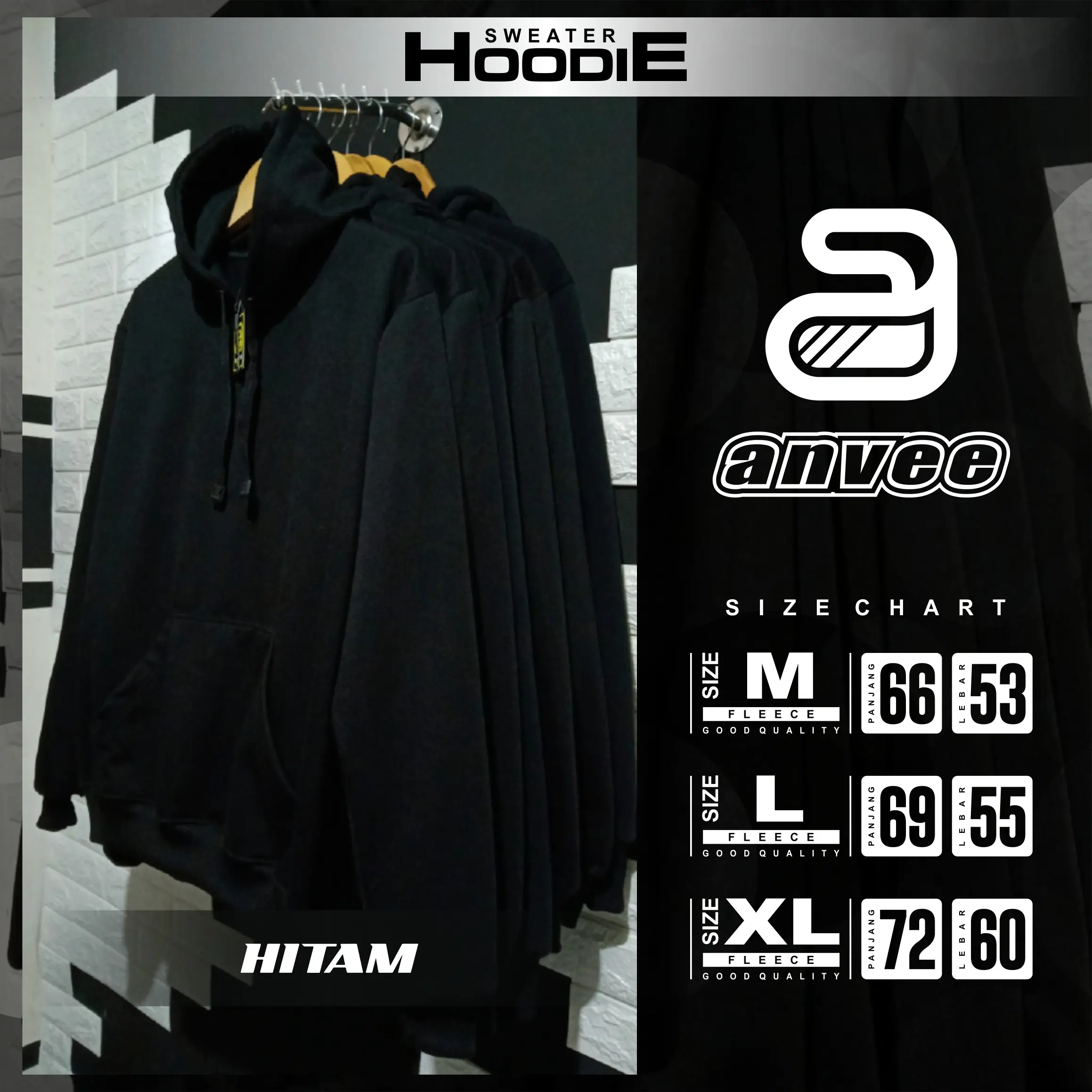 Anvee Sweater Hoodie Polos Pria Wanita Hitam