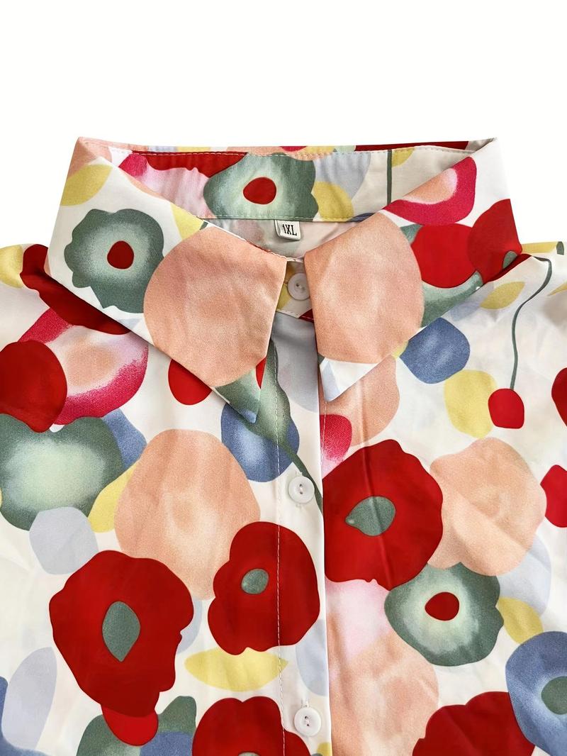 Product Introduction of 【plus Size】 All Over Floral Print Button Front Blouses, Casual Long Sleeve Collared Top for Spring & Fall, Women's Clothes for Daily Wear 6