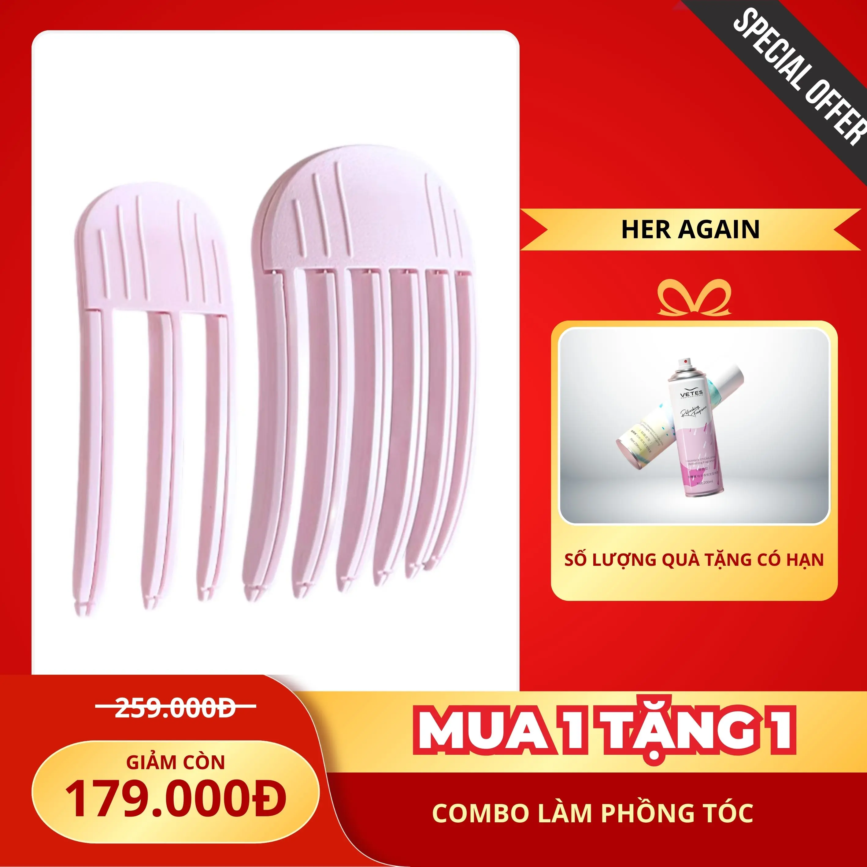 [MUA 1 TẶNG 1]  Kẹp Tạo Phồng Chân Tóc, Kẹp Phồng Tóc Loại 3 Răng và 6 Răng, Tạo Phồng Tóc Phong Cách Lười Biếng Hàn Quốc + Tặng Xịt phồng tóc, xịt tạo kiểu tóc VETES không gây bết