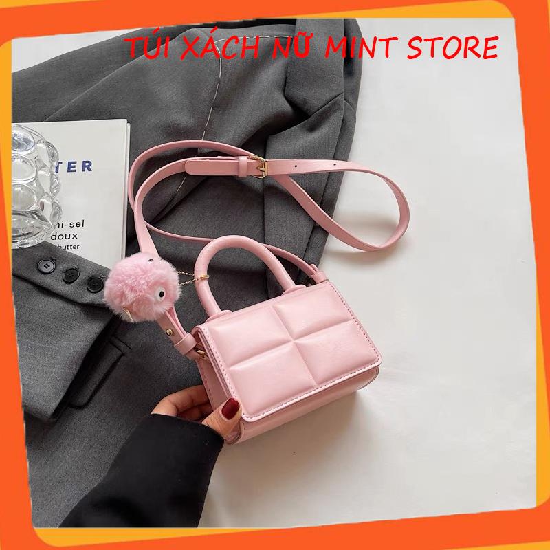 Túi đeo chéo nữ mini bag ô vuông nhỏ đẹp kèm móc khóa dễ thương thời trang PK 766 Kem Da Nhung