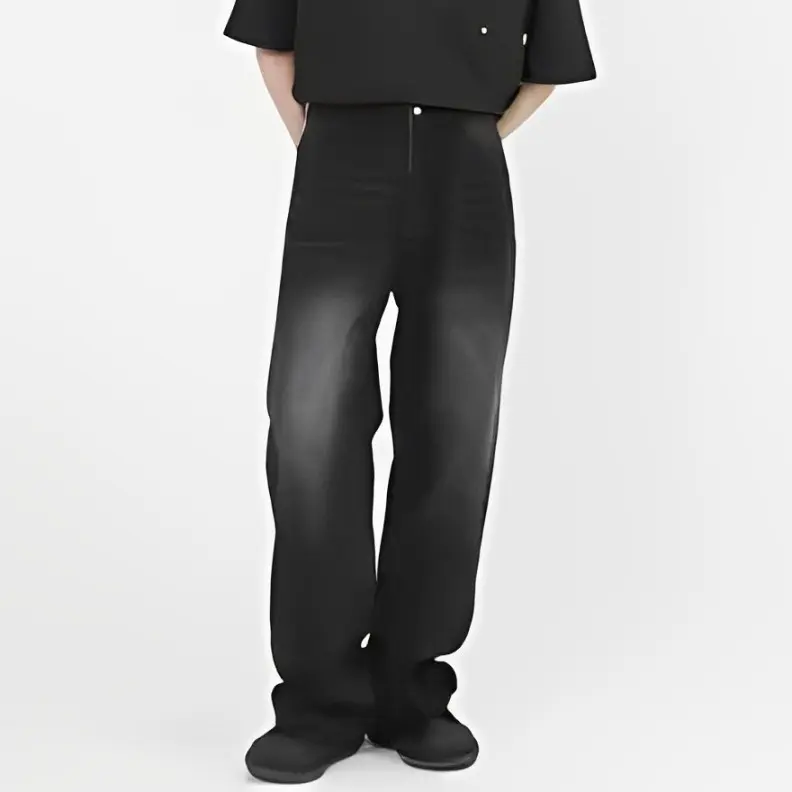 ORLESS - Celana Loose Jeans Black Wisker Style Loose-Fit Wide-Leg Straight-Leg High-Quality Denim Material 0