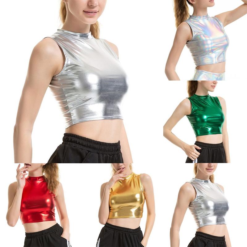 Áo Crop Top Giả Da, Dành Cho Nữ, Lấp Lánh, Phong Cách Wetlook, Cổ Lừa, Thích Hợp Cho Trang Phục Khiêu Vũ Và Trang Phục Câu Lạc Bộ, Áo Ba Lỗ Women 4