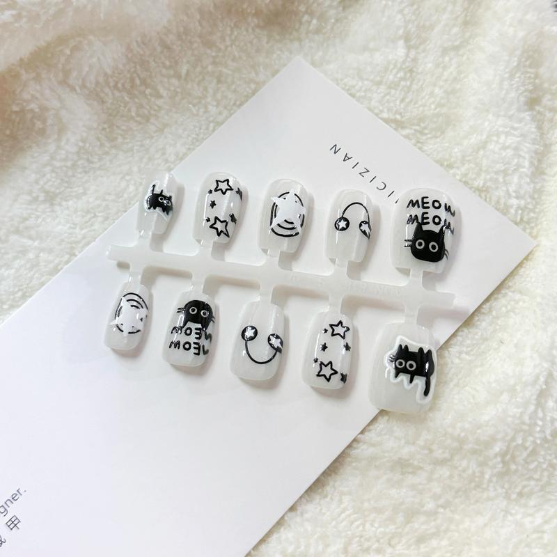  Mảnh Móng Tay Nghệ Thuật Họa Tiết Mèo Con Mảnh Móng Tay Chữ T Ngắn Mảnh Móng Tay Mắt Mèo Màu Trắng Bao Gồm Gel Thạch Miễn Phí nhũ nail kim tuyến art jelly stamp nặn hình 