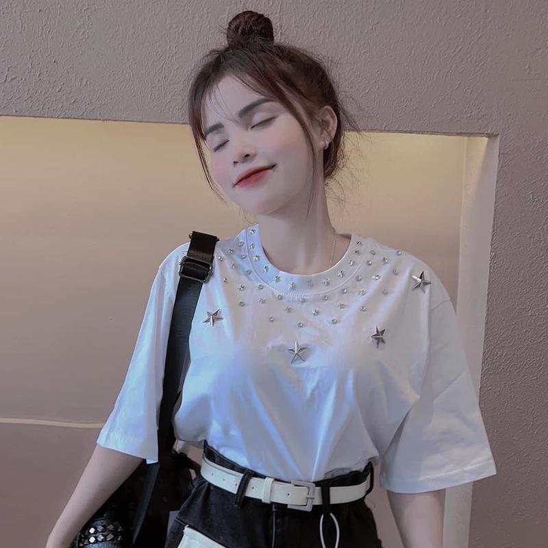 Áo phông Dg đính đá sao vòng cổ nổi Nam Nữ - Áo Phông Cotton 2c Cổ tròn