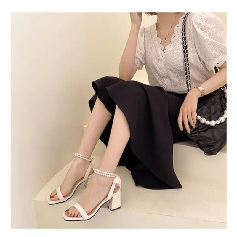 Product Introduction of Mã 46 - Cao gót quai ngang, khóa ngọc, đế trụ, đế thô 7cm, sang chảnh, điệu đà Gót trung bình (3-5 cm) Mũi mở Nữ DéP Shoes GiàY Sandal Cao Su Quai Hậu Jean gótxinh  quảng 4