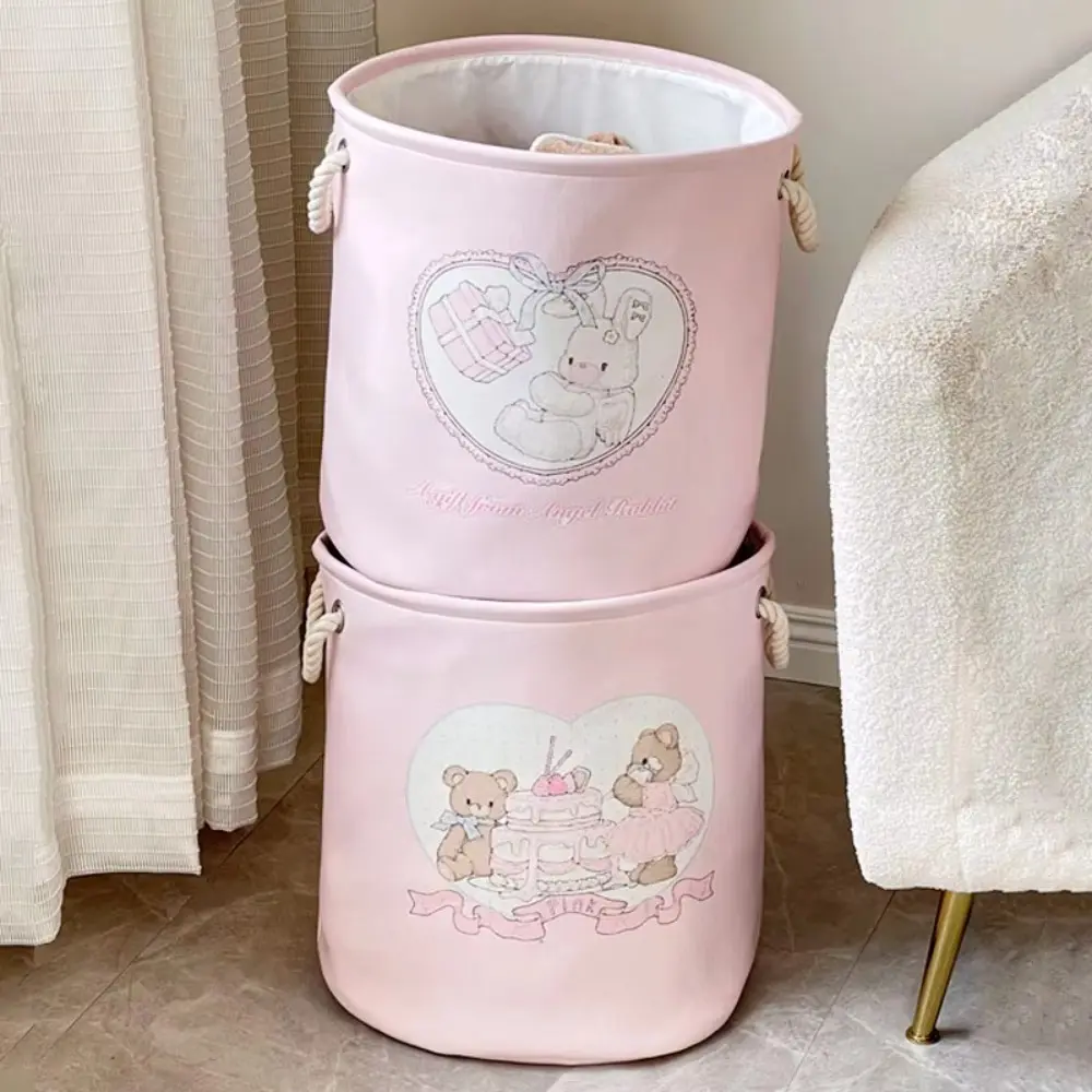 Cute with Handles Laundry Basket Large Capacity Foldable Toys Storage Basket Cartoon Bear Rabbit Round Clothes Basket Bedroom