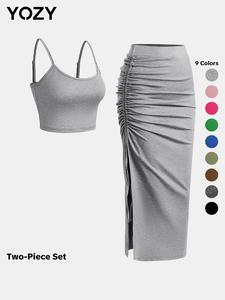 YOZY Adjustable Strap Crop Cami Top & High Waist Drawstring Split Thigh Skirt Set, Casual Sleeveless Top & Elastic Waist Ruched Skirt Set, Women's Summer Outfits for Daily, Womenswear