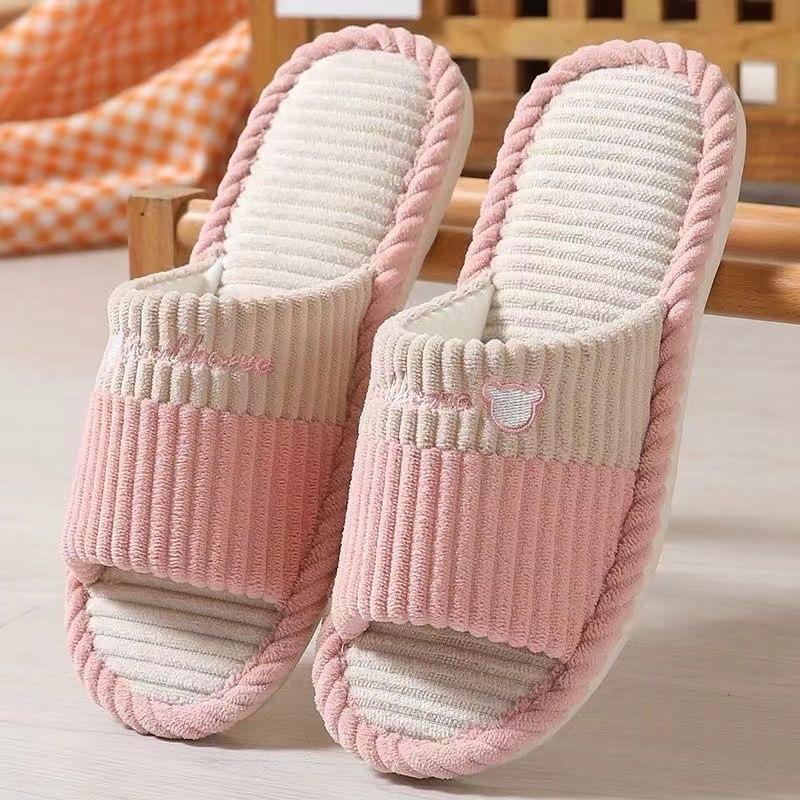 ￼Dép Đi Trong Nhà Mùa Đông , Dép Vải Lanh Kẻ Ngang Đế Cao Su Chống Trơn Trượt Thời Trang DéP Dép Lê Slipper Jean Hoa Nữ Có Quai 3