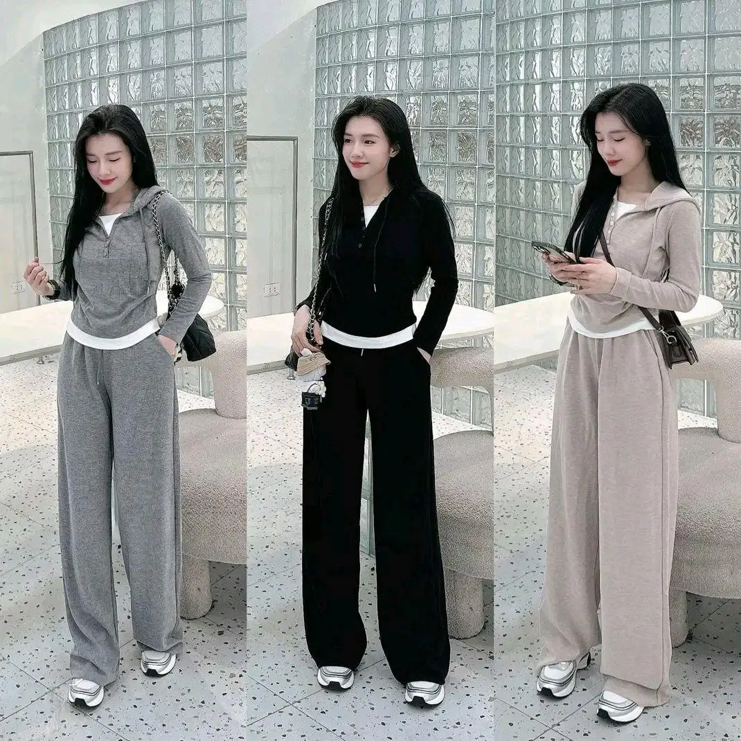 Bigsize 60-90kg Set bộ áo thun tăm phối trắng dài tay có mũ phối quần suông dài lưng chun có túi cho nữ, Bộ đồ thu đông thun tăm áo tay dài phối cúc có nón + quần suông dài lưng thun- Nhyy Shop rút  eo