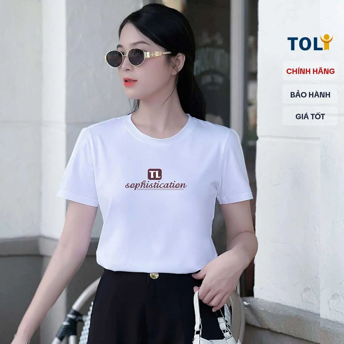 Áo thun nữ cổ tròn tay ngắn TOLI, in chữ TL, form suông vừa dáng, vải cotton co dãn 4 chiều- PSB-11 Top Women Voi Đen