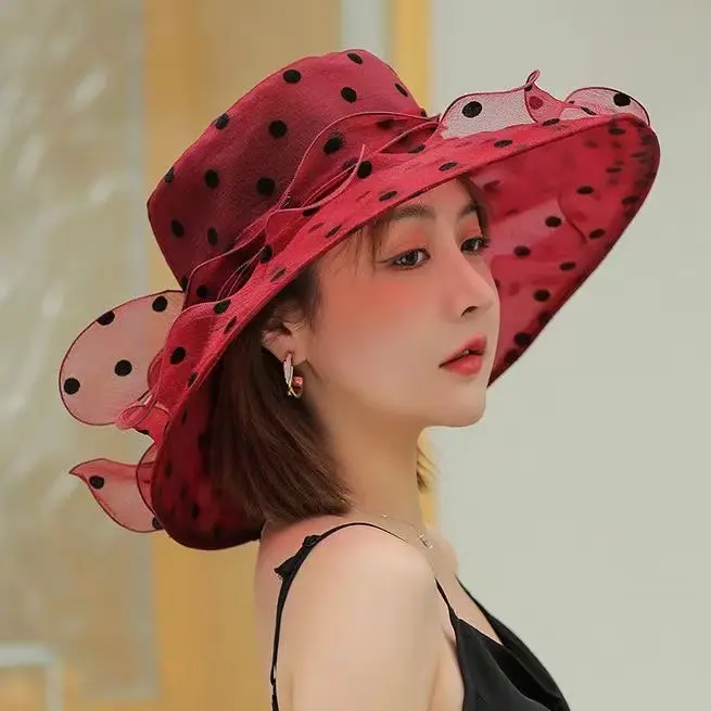 Topi Matahari untuk Wanita, Topi Bowler Jaringan, Topi Matahari Musim Panas Organza, Gaya Retro, Topi Kasa Luaran, Titik Pantai, Gaya Eropah dan Amerika