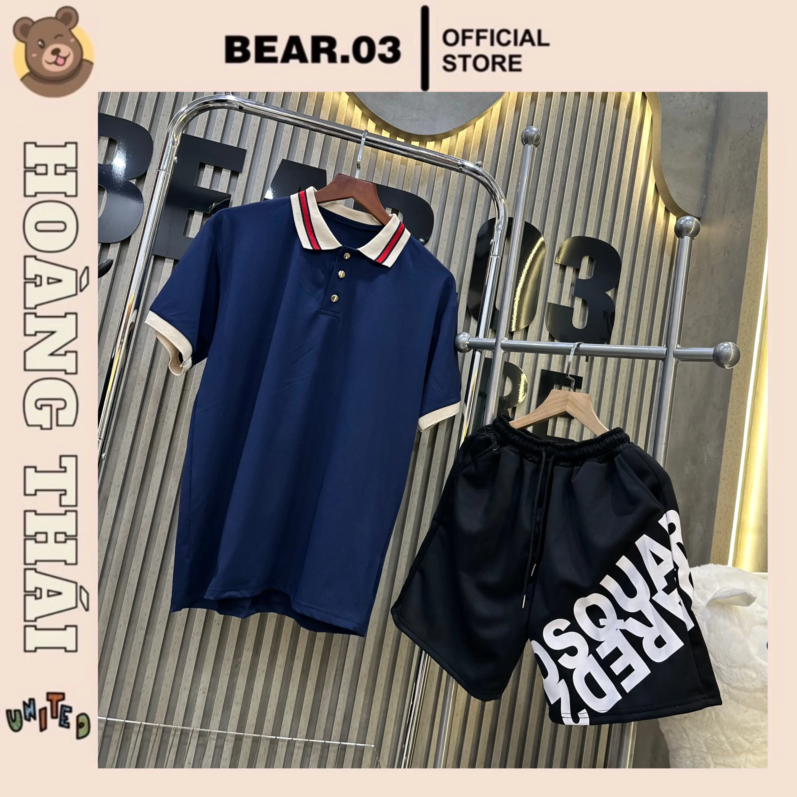 BỘ QUẦN ÁO POLO MÀU XANH THAN , LÉ CỔ SỌC NAM NỮ BQ: 47 Cotton Menswear