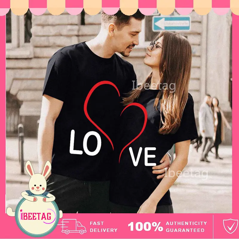 NEW Couple T-shirt Valentine's Day Heart Letter Printed Short Sleeve Tops Blouse T-Shirt on Sale Pasangan lengan pendek
