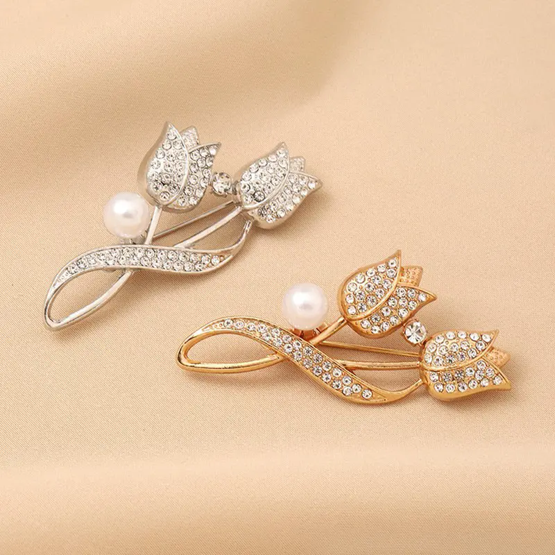 Kerongsang Tulip Berlian Penuh Mutiara Alamiah, Rekaan Mewah, Gred Tinggi, Sesuai untuk Korsaj Pakaian Tetap, Kerongsang Padanan Bead Clips
