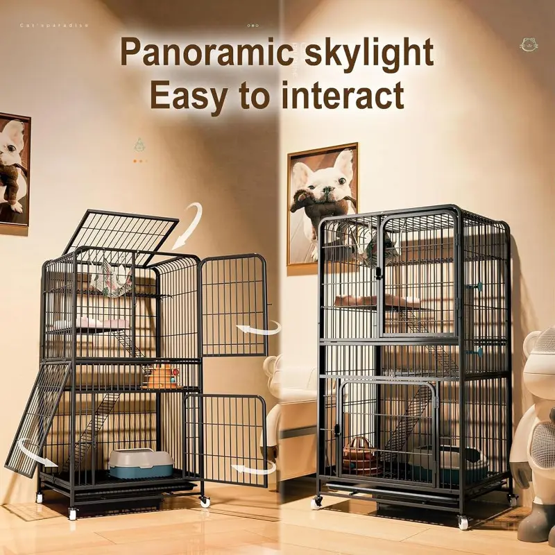 Large Cat Cage Indoor, 4-Tier Cat Enclosure Indoor, Cat Crates for Indoor Cats with 2 Ladder Silent Universal Wheel, Multi-Level Space Design, Ideal for 1-2 Cats