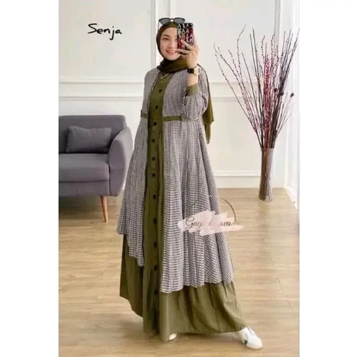 Senja One Set Dress Bahan katun linen rami Gamis Set Outer Remaja terbaru 2024 Simple  Muslim Pesta