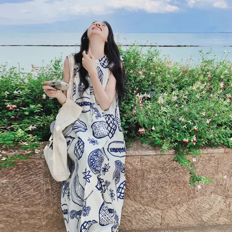 Váy In Hình, Phong Cách Thanh Lịch Nhẹ Nhàng, Không Tay, Dành Cho Phụ Nữ, Thích Hợp Cho Kỳ Nghỉ Bờ Biển Và Đi Chơi, Trẻ Trung Và Trưởng Thành, Váy Mùa Hè
