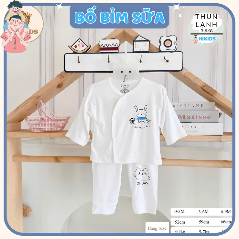 (Mỏng Mát) Combo 3 - 5 bộ quần áo dài tay sơ sinh TT chất thun lạnh cho bé  trắng in hoạ tiết cho bé 0 - 9 tháng [DL0] hikids set  đồ 4