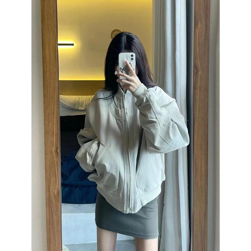 Áo Khoác Xám, Phong Cách Mỹ, Dành Cho Nữ, Dáng Rộng Vừa Vặn, Ngoại Cỡ, Thiết Kế Đẹp, Thích Hợp Cho Mùa Xuân Và Mùa Thu, Phong Cách Thường Ngày Độc Đáo, Đồng Phục Bóng Chày, Thời Trang Top 5