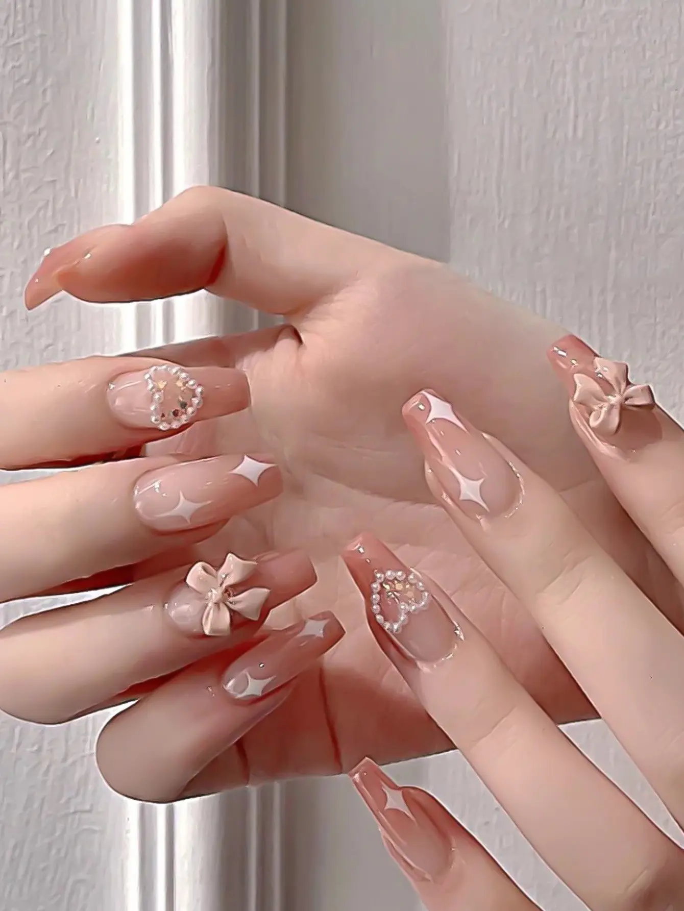 Móng Tay Giả Dài, Trang Trí Cà Vạt Nơ Gradient Trà Kem, Ngọt Ngào Và Quyến Rũ, Có Thể Tái Sử Dụng, Cung Cấp Tiệm Làm Móng Nghệ Thuật Chuyên Nghiệp