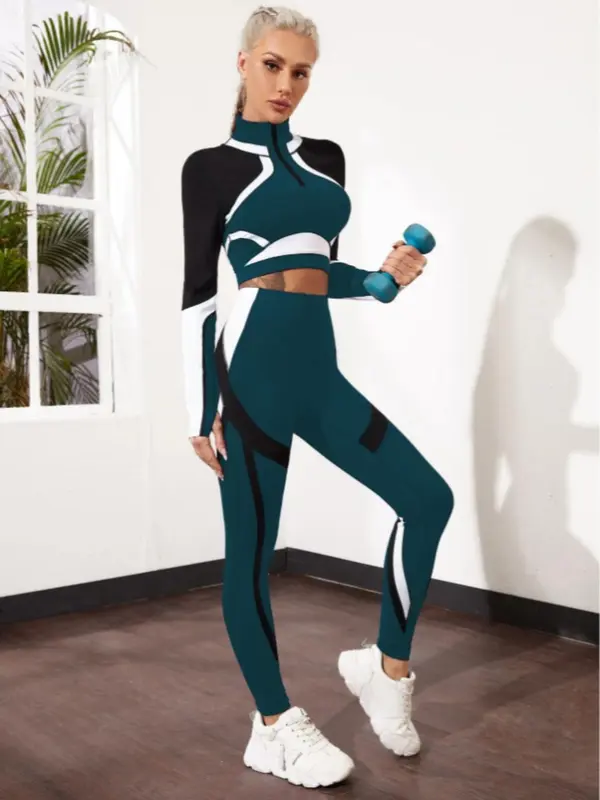 Women's Solid Color Patchwork Zip Up Crop Top & High Waist Leggings Tracksuit Set, Sporty Breathable Outfits for Yoga Gym Workout Running, Ladies Spring & Fall Clothes 4