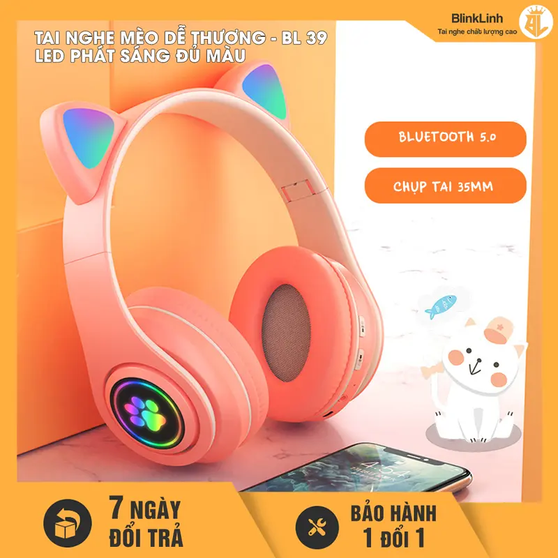 [COD] Tai Nghe Mèo dễ thương Mã BL39, Bluetooth 5.0, Tai nghe chụp tai lớn 35mm, Có Đèn LED Chuyển Màu, Chụp Tai Bọc Da Êm Ái, có Khe Cắm Thẻ Nhớ, Tặng Jack 3.5, Micrô tích hợp, Không dây  Nghe Nhạc tainghe chuptai 4