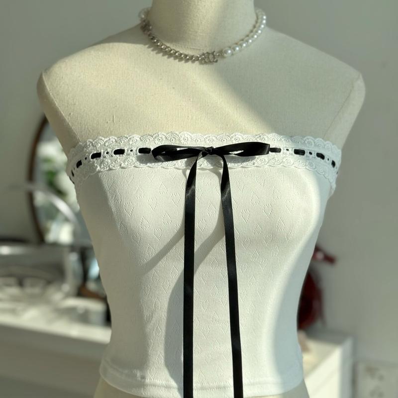 Mollis Top - Áo ống Croptop ôm body viền ren kèm dây ruy băng 2