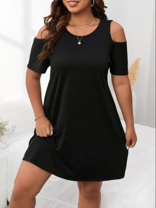 【Plus Size】 Basic Plain Cold Shoulder Dress, Elegant Short Sleeve Dress for Summer, Women's Clothes for Daily Wear 7