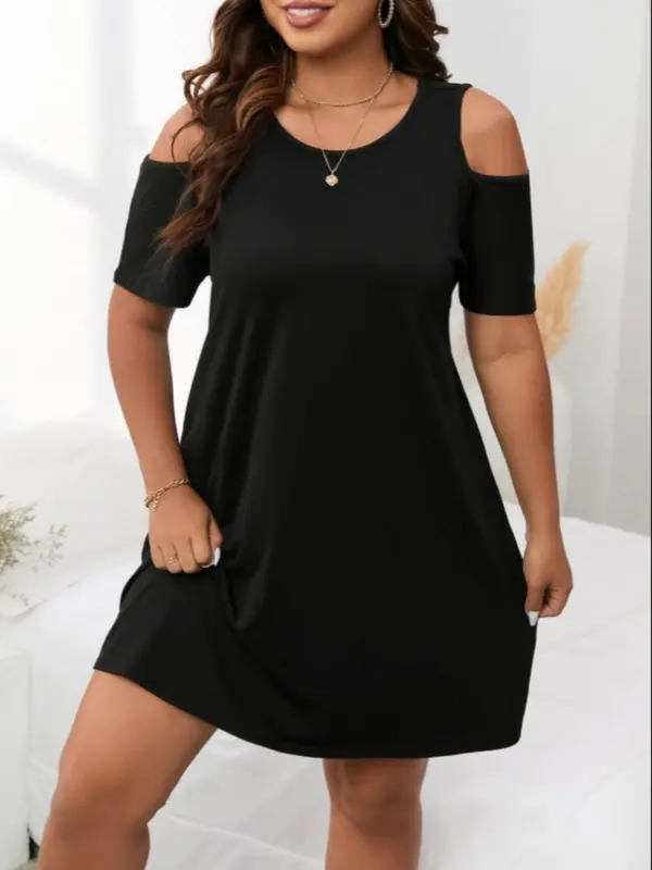 【Plus Size】 Basic Plain Cold Shoulder Dress, Elegant Short Sleeve Dress for Summer, Women's Clothes for Daily Wear 7