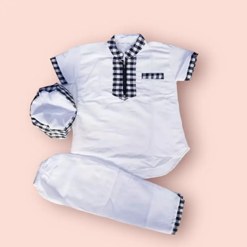 Setelan Baju Koko Anak 1-10 Tahun New Pakaian Muslim Cowok Motif List Kotak Turki Plus Peci Nyaman 4