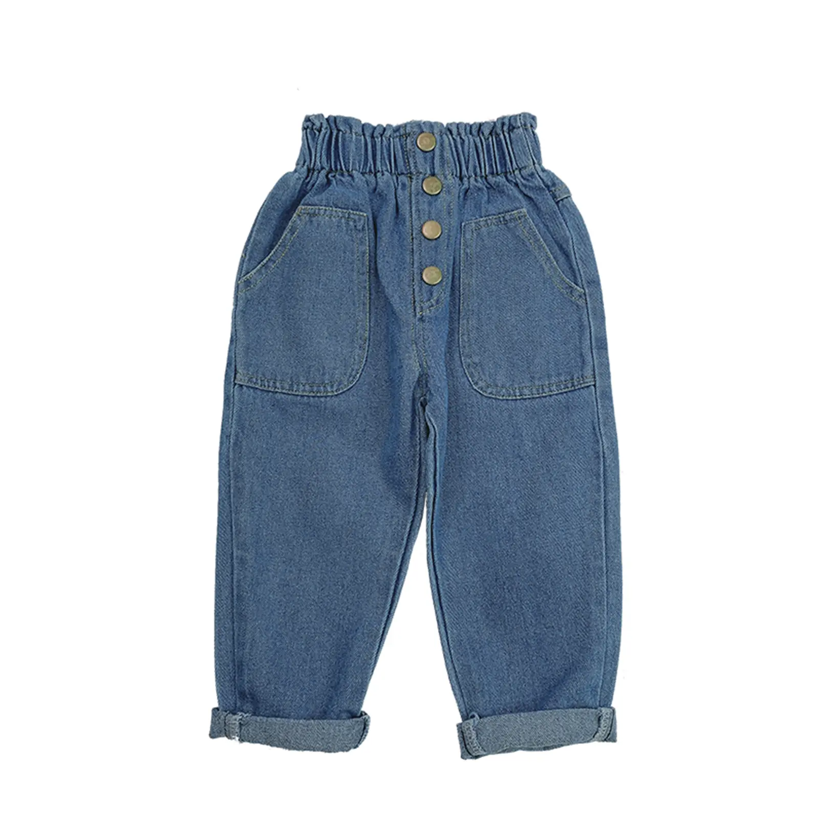 Kid's High Waist Jeans, Elastic Buttoned Waist Loose Long Trousers with Pockets for Spring Autumn