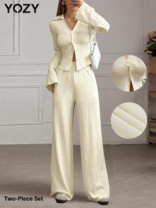 YOZY Women's Solid Textured Lettuce Trim Flounce Sleeve Blouse & Wide Leg Pants Two-piece Set, Casual Button Front Long Sleeve Top & Trousers 2 Piece Set for Daily Wear, Ladies Two-piece Outfits for All Seasons