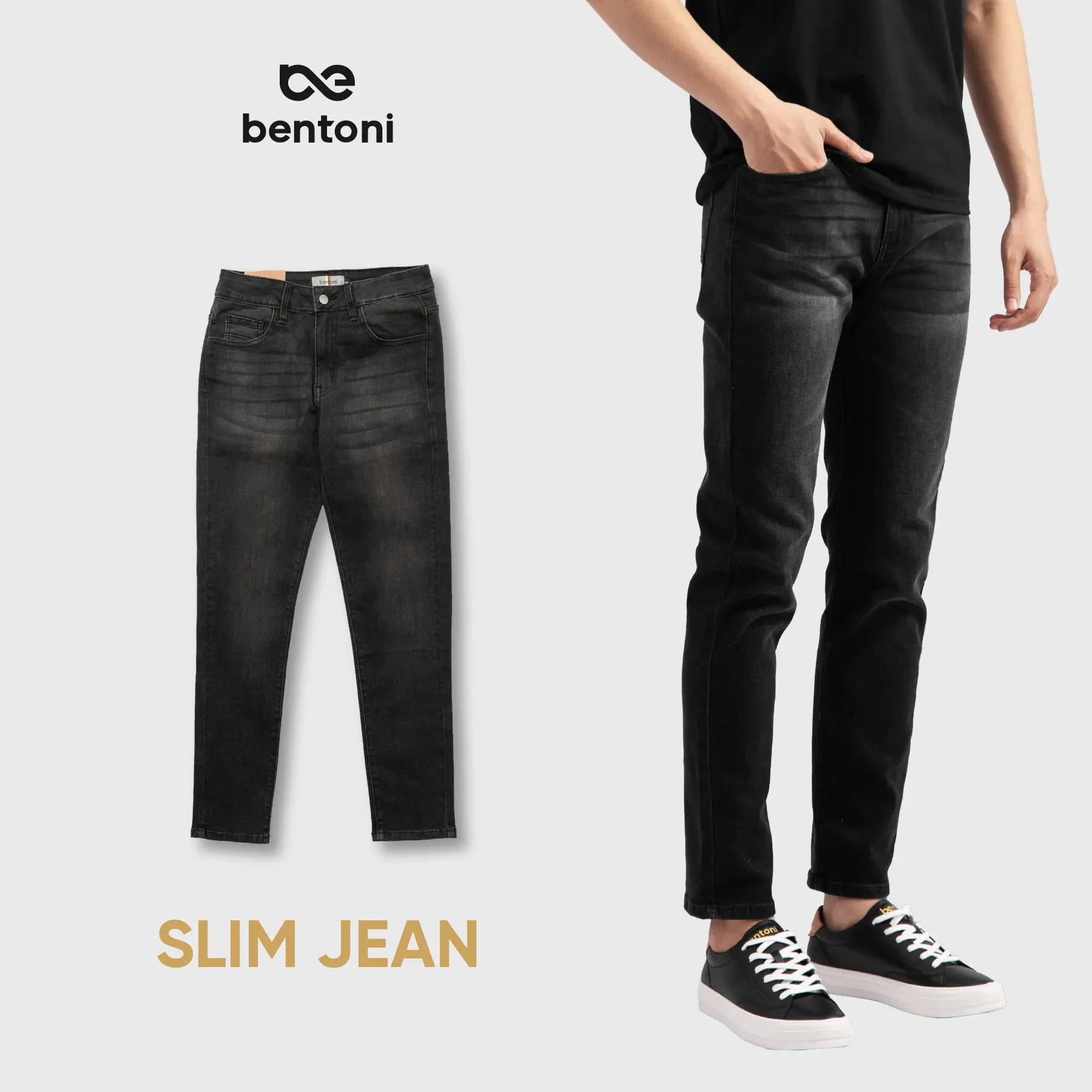 Quần nam Slim Jean Bentoni màu đen chất liệu Cotton thoáng mát - QDDEBEN341 Menswear Pants Có Túi