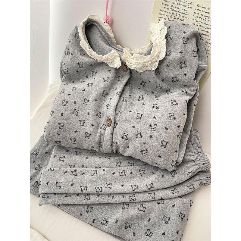 Bộ Đồ Ngủ Nhung, De Mới, Dành Cho Nữ, Mùa Thu Và Mùa Đông, Áo Cardigan Dày, Ren Thanh Lịch, Quần Dài Tay, Bộ Đồ Mặc Nhà Ngọt Ngào 0