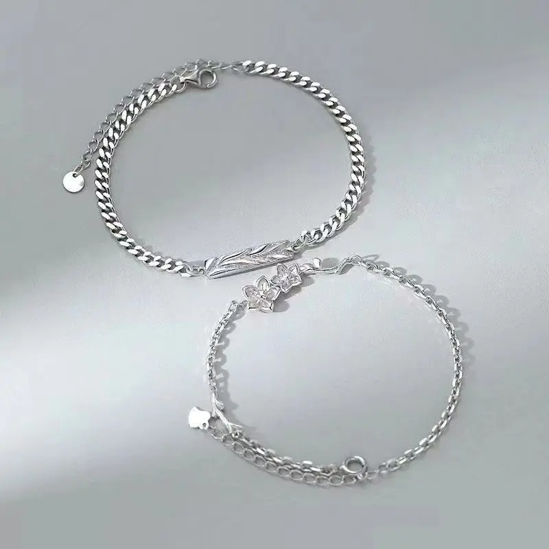Vòng Tay Cặp Đôi, Bạc S925, Hoa Nhung Tuyết Myosotis Sylvatica, Một Cặp Cho Nam Và Nữ, Vòng Tay Hoa Đơn Giản, Vòng Tay Hoa Hồng Gai Hợp Xu hướng 3