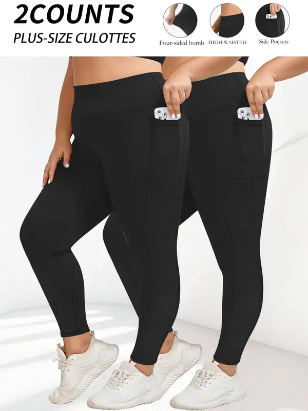 【Plus Size】 Solid High Waist Pocket Leggings, Casual Comfy Breathable Skinny Pants for Daily Wear, Women's Bottoms for All Seasons 7