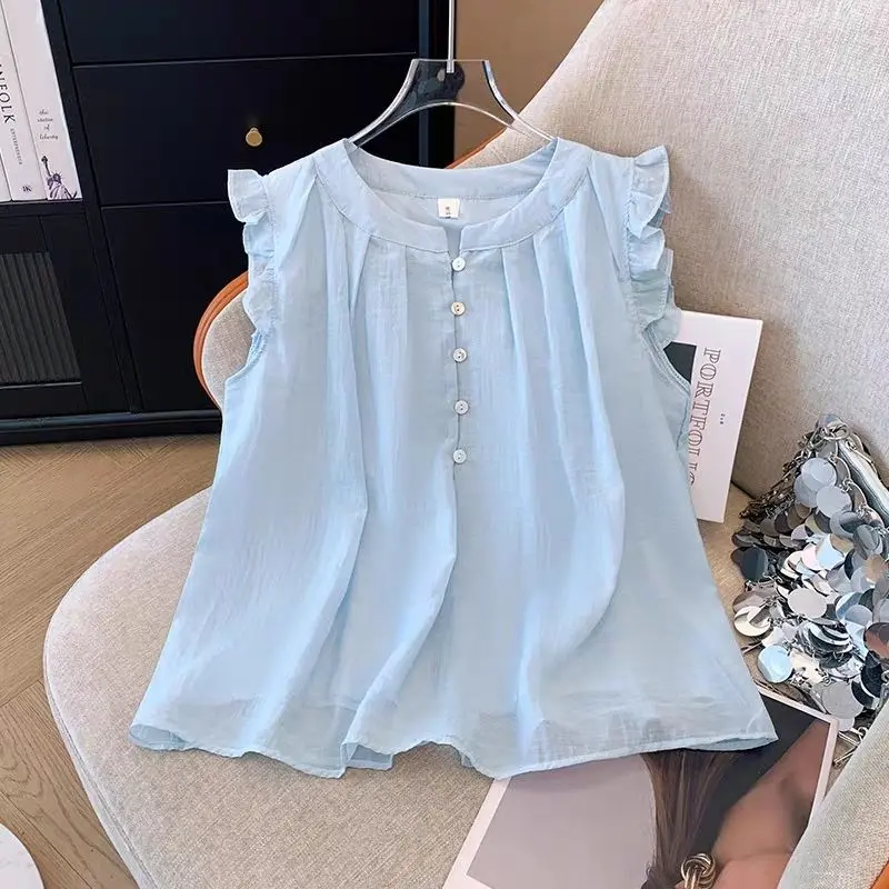 Áo sơ mi Xanh Biển phong cách Hàn Quốc dành cho phụ nữ, áo mùa hè lười biếng, dây selvedge, không tay, cổ tròn kiểu Pháp, tay áo bay xếp ly, áo trên