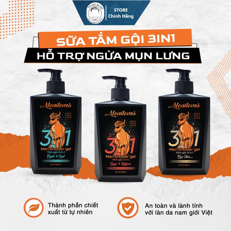  Sữa tắm gội 3in1 Menitems hỗ trợ giảm mụn lưng ngừa mụn làm sạch sâu lưu hương nước hoa 285ml 