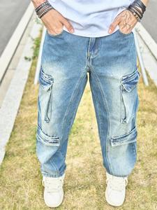 Men's Loose Pocket Denim Pants, Casual Street Retro Wide Leg Trousers for Daily Wear, Mens Bottoms for All Seasons